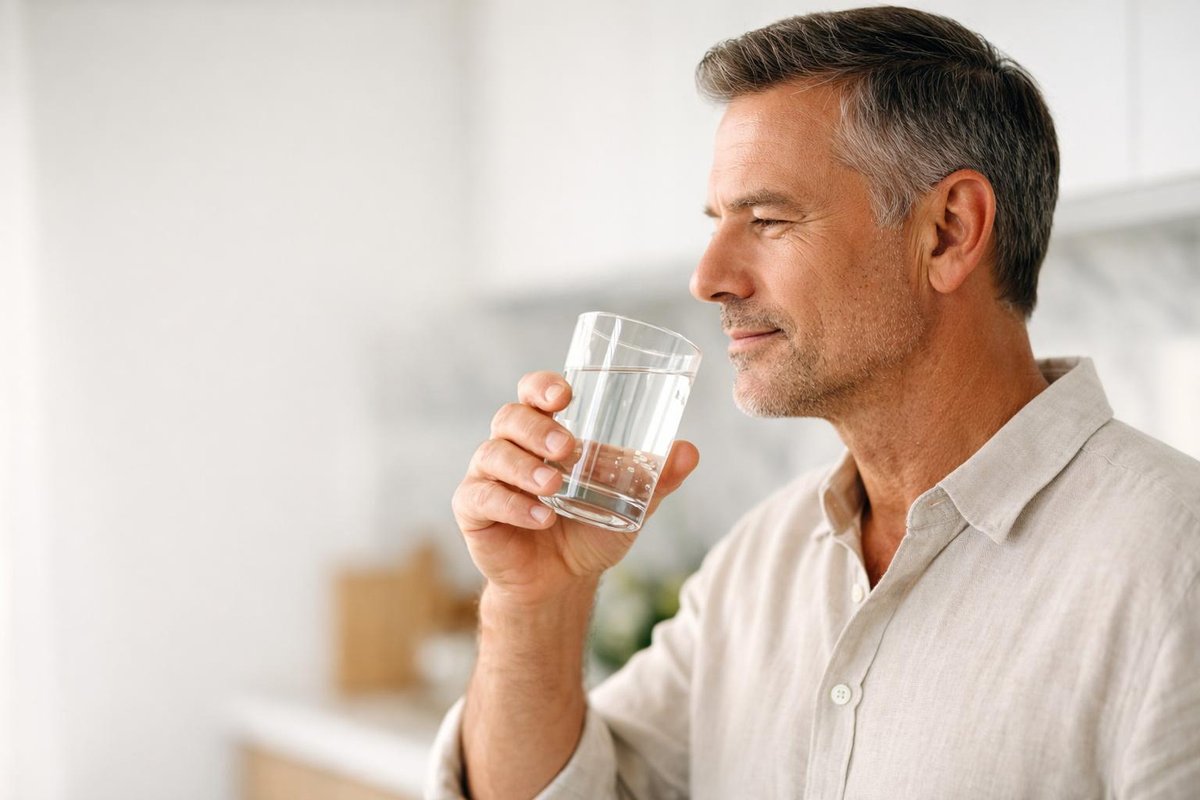 Tazza di tè verde fumante su un tavolo di legno.